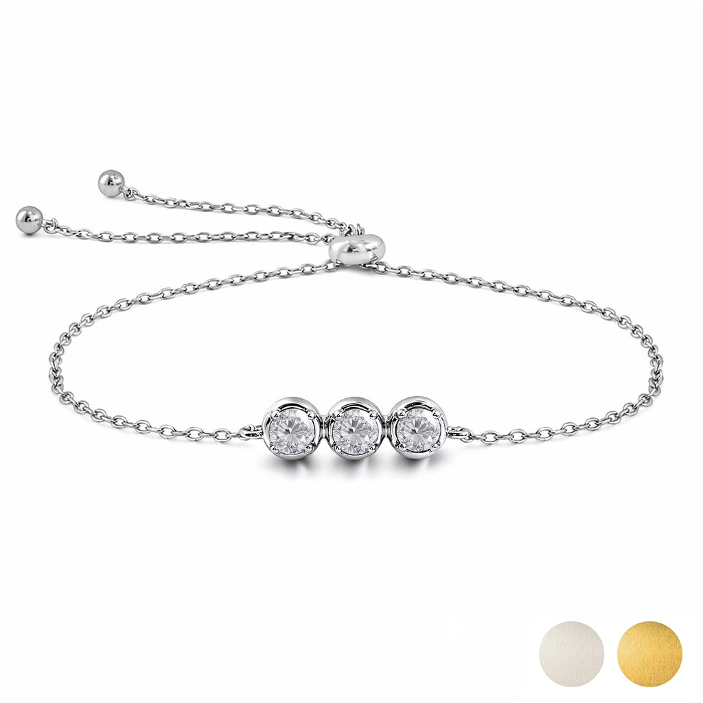 JeenMata Lab Grown Diamond Three Stones Bracelet - Adjustable Slider White Gold Plating Bracelet for Women