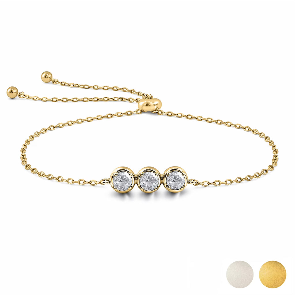 JeenMata Lab Grown Diamond Three Stones Bracelet - Adjustable Slider Yellow Gold Plating Bracelet for Women