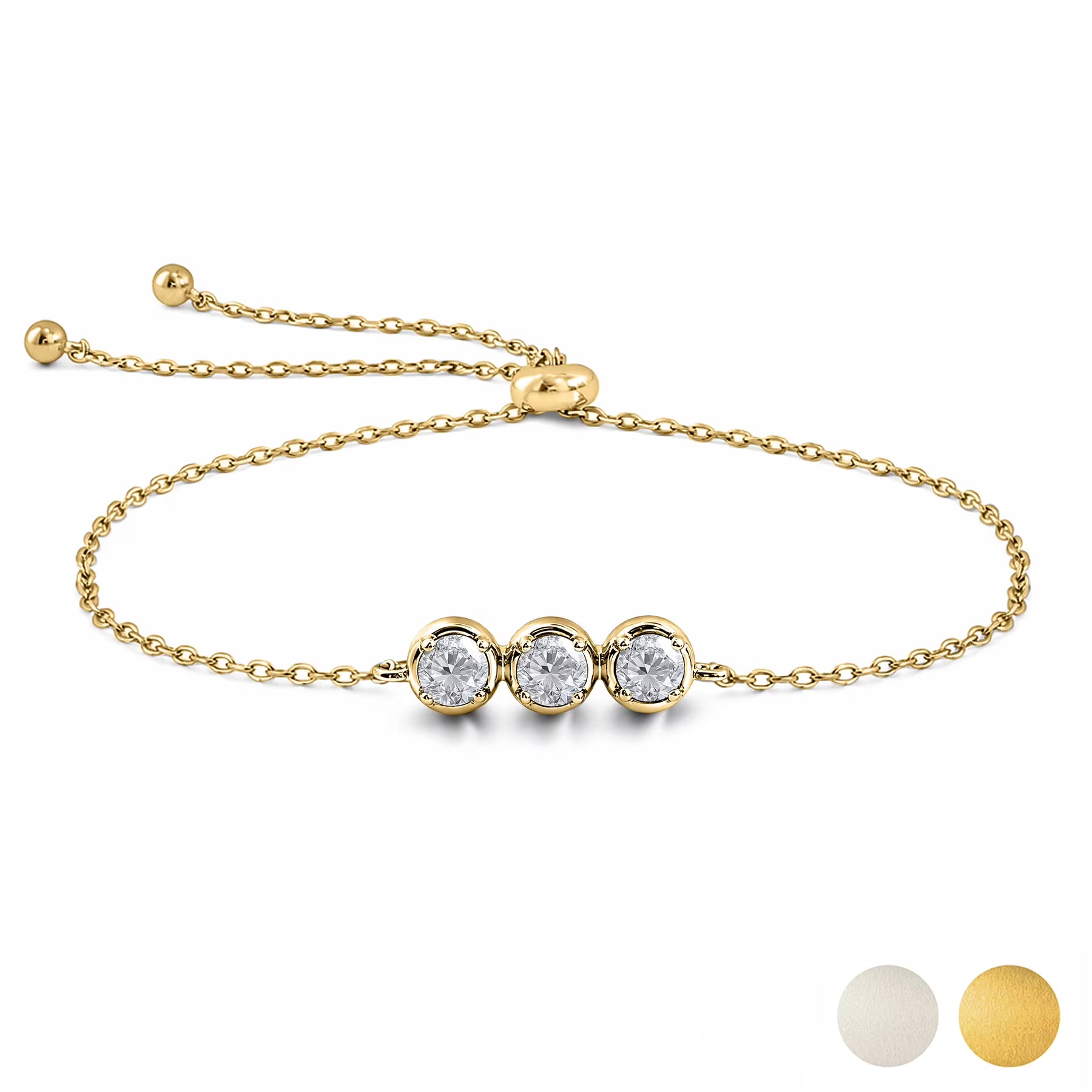 JeenMata Lab Grown Diamond Three Stones Bracelet - Adjustable Slider Yellow Gold Plating Bracelet for Women