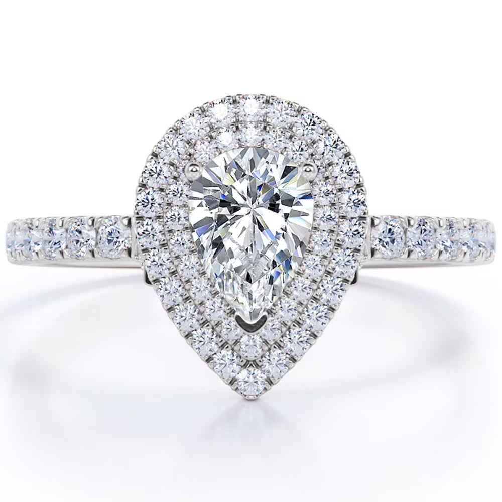 JeenMata Pave Style 1 Carat Pear-Shaped Moissanite Double Halo Cluster Engagement Ring in 18K White Gold Plating for Women