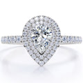 JeenMata Pave Style 1 Carat Pear-Shaped Moissanite Double Halo Cluster Engagement Ring in 18K White Gold Plating for Women