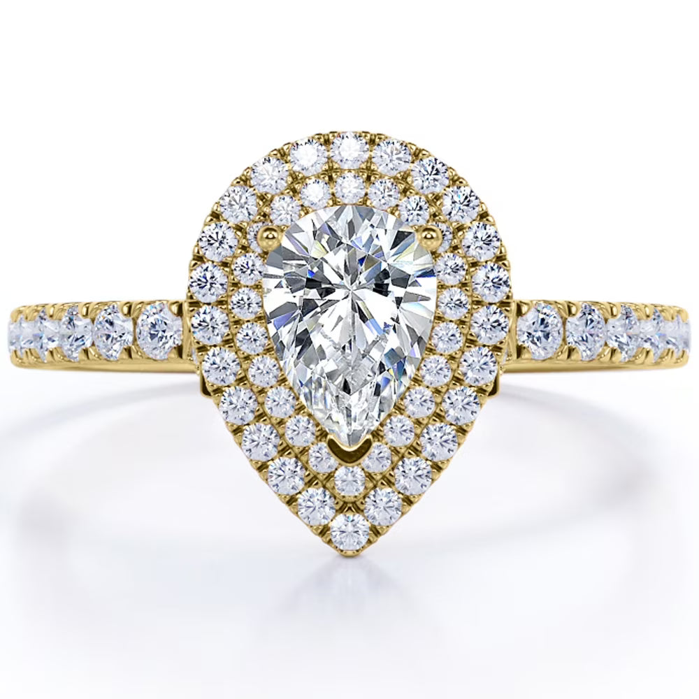 Visit the JeenMata Store JeenMata Pave Style 1 Carat Pear-Shaped Moissanite Double Halo Cluster Engagement Ring in 18K Yellow Gold Plating for Women