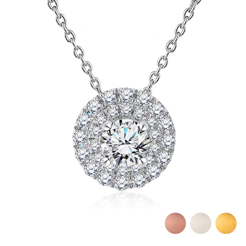 JeenMata Lab Grown Diamond 1 Carat Round Cut Double Halo Pendant Necklace in 18K White Gold Plating for Women