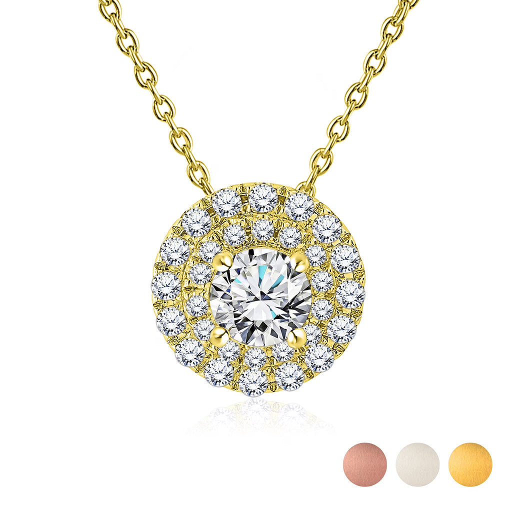JeenMata Lab Grown Diamond 1 Carat Round Cut Double Halo Pendant Necklace in 18K Yellow Gold Plating for Women