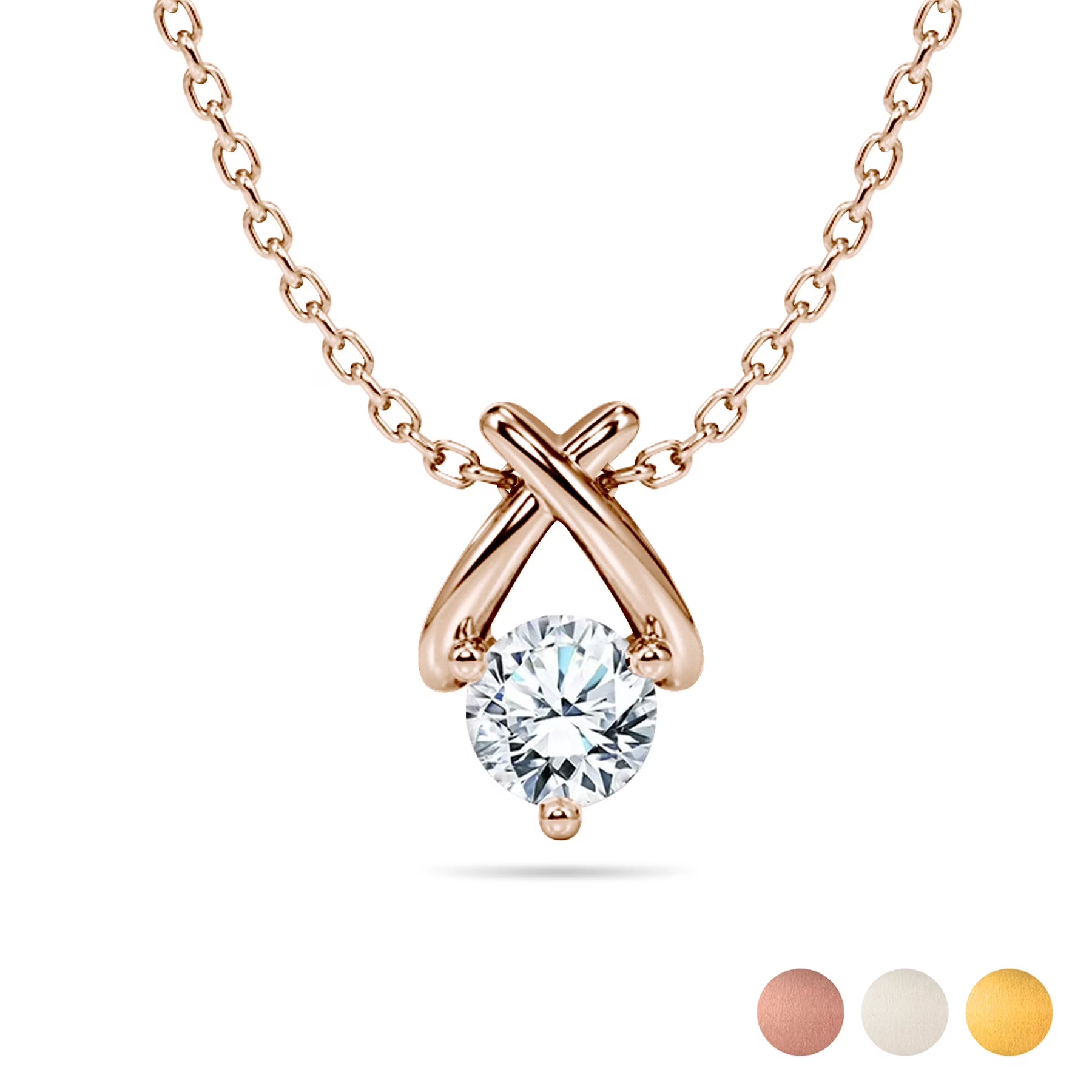 JeenMata X-Shaped Round Cut Lab Grown Diamond Pendant Necklace in 18K Rose Gold Plating for Women