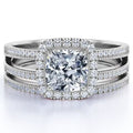 JeenMata Cushion Cut Real Diamond Engagement Ring - Split Shank - Halo Ring - Wedding Set - 10K White Gold