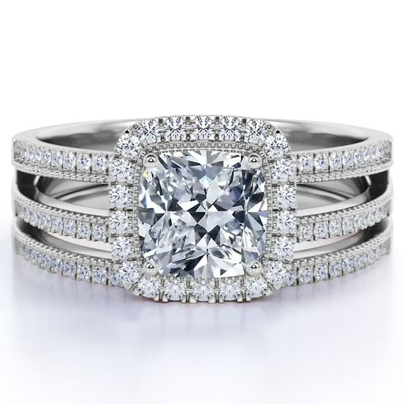 JeenMata Cushion Cut Real Diamond Engagement Ring - Split Shank - Halo Ring - Wedding Set - 10K White Gold