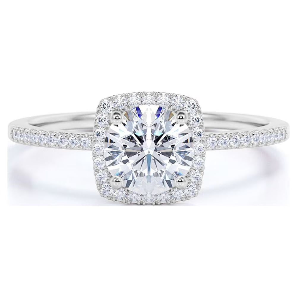 JeenMata Cushion Halo Design 1 Carat Round Cut Moissanite Pave Prong Set Engagement Ring In 18K White Gold Plating for Women