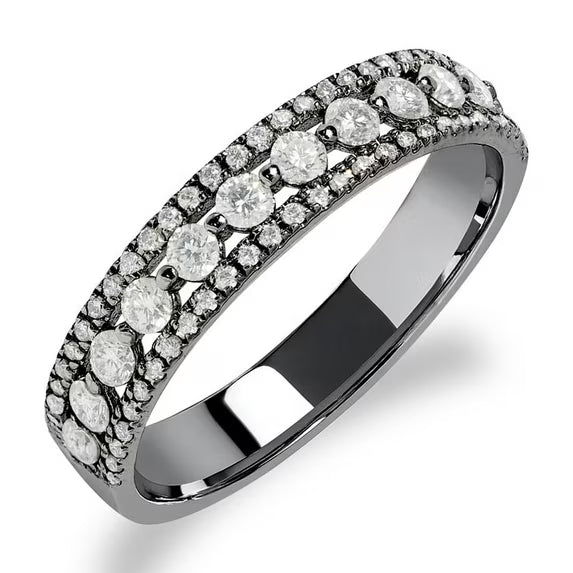JeenMata Double Pave - 0.75 Carat Round Brilliant Cut Moissanite - Eternity Anniversary Ring - 18K Black Gold Plating for Women