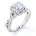 JeenMata Elegant Square Cut Lab Grown Diamond - Twisted Band - Pave - Double Halo Engagement Ring - 10K White Gold