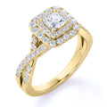 JeenMata Elegant Square Cut Lab Grown Diamond - Twisted Band - Pave - Double Halo Engagement Ring - 10K Yellow Gold