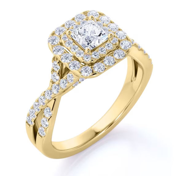 JeenMata Elegant Square Cut Lab Grown Diamond - Twisted Band - Pave - Double Halo Engagement Ring - 10K Yellow Gold