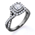 JeenMata Elegant Square Cut Lab Grown Diamond - Twisted Band - Pave - Double Halo Gothic Engagement Ring - 10K Black Gold