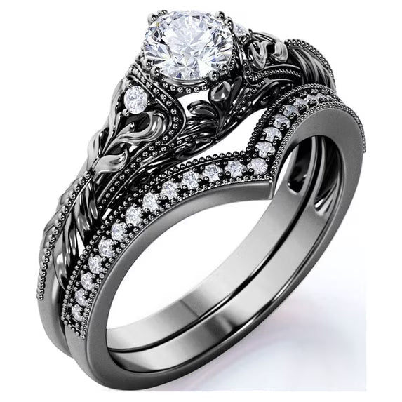 JeenMata Engraved 0.75 Carat Round Cut Lab Grown Diamond Victorian-Inspired Wedding Ring Set with Chevron Wedding Band in 10k Black Gold