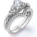JeenMata Engraved 0.75 Carat Round Cut Lab Grown Diamond Victorian-Inspired Wedding Ring Set with Chevron Wedding Band in 10k White Gold