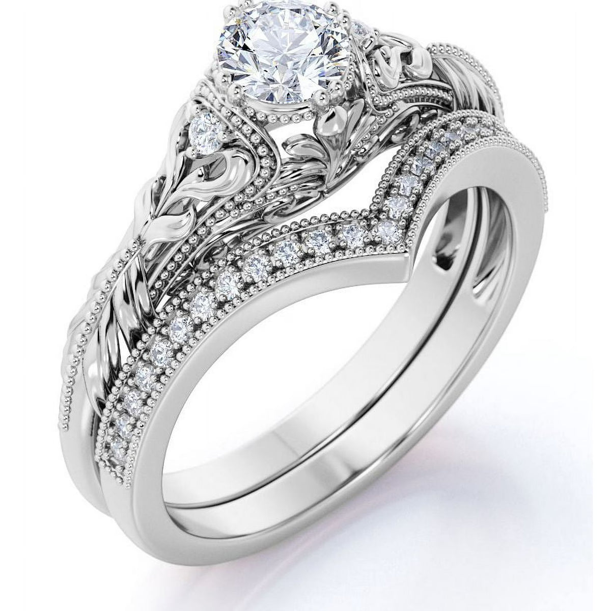 JeenMata Engraved 0.75 Carat Round Cut Lab Grown Diamond Victorian-Inspired Wedding Ring Set with Chevron Wedding Band in 10k White Gold