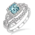 JeenMata Filigree 1.75 Carat Princess Cut Created Aquamarine and Moissanite Wedding Ring Set in 18k White Gold Plating for Women