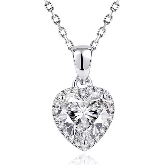 JeenMata Forever Heart 1 Carat - Moissanite - April Pendant Necklace in 18K White Gold Plating over Silver