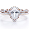 JeenMata Halo Pave Design - 1.25 Carat Teardrop Moissanite - Infinity Twisted Shank Wedding Ring Set - 18K Rose Gold Plating for Women