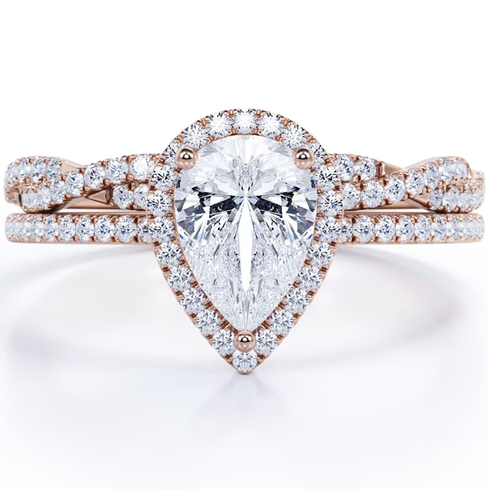 JeenMata Halo Pave Design - 1.25 Carat Teardrop Moissanite - Infinity Twisted Shank Wedding Ring Set - 18K Rose Gold Plating for Women