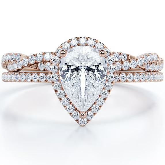 JeenMata Halo Pave Design - 1.25 Carat Teardrop Moissanite - Infinity Twisted Shank Wedding Ring Set - 18K Rose Gold Plating for Women