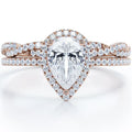 JeenMata Halo Pave Design - 1.25 Carat Teardrop Moissanite - Infinity Twisted Shank Wedding Ring Set - 18K Rose Gold Plating for Women