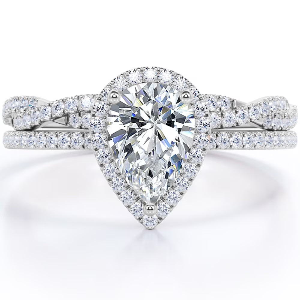 JeenMata Halo Pave Design - 1.25 Carat Teardrop Moissanite - Infinity Twisted Shank Wedding Ring Set - 18K White Gold Plating for Women