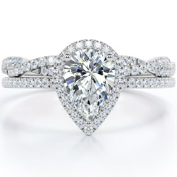 JeenMata Halo Pave Design - 1.25 Carat Teardrop Moissanite - Infinity Twisted Shank Wedding Ring Set - 18K Rose Gold Plating for Women