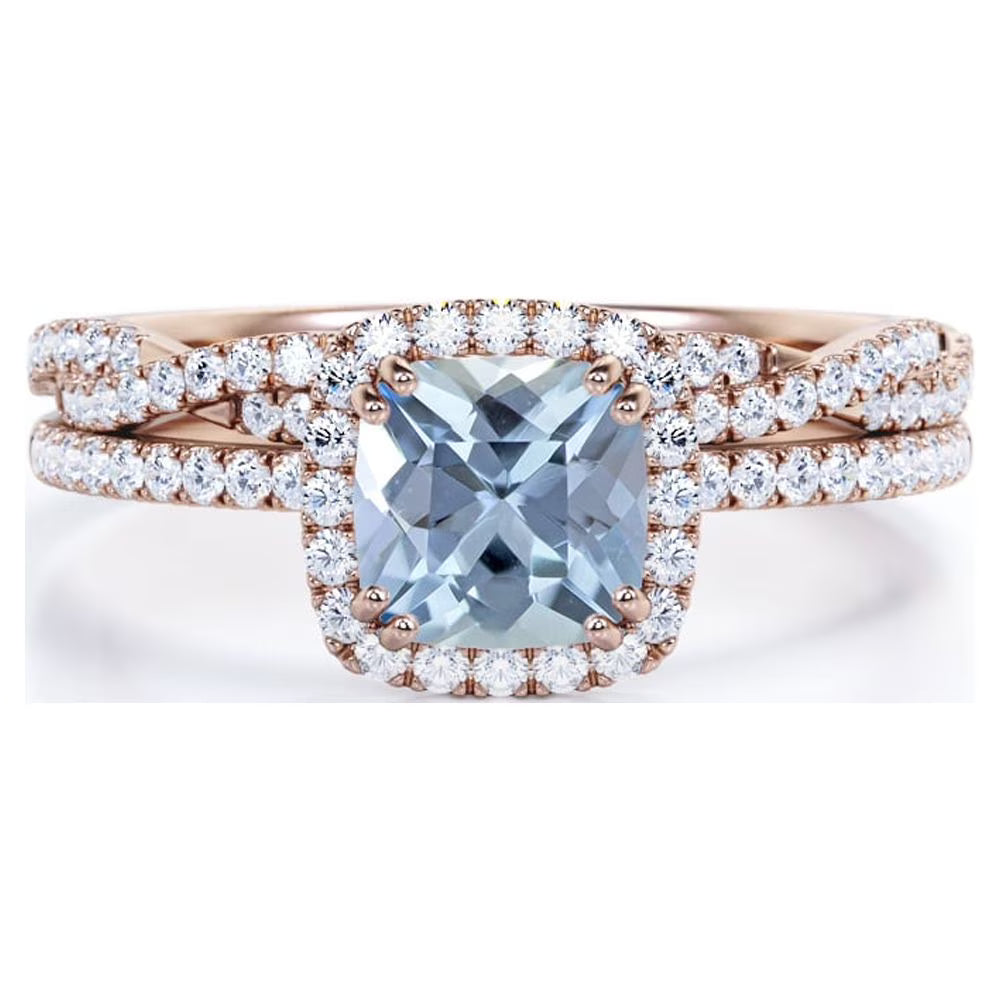 JeenMata Halo Prong Set - 1.50 Carat Cushion Cut Seafoam Created Aquamarine and Moissanite - Pave Twisted Infinity Wedding Ring Set - 18K Rose Gold Plating over Silver