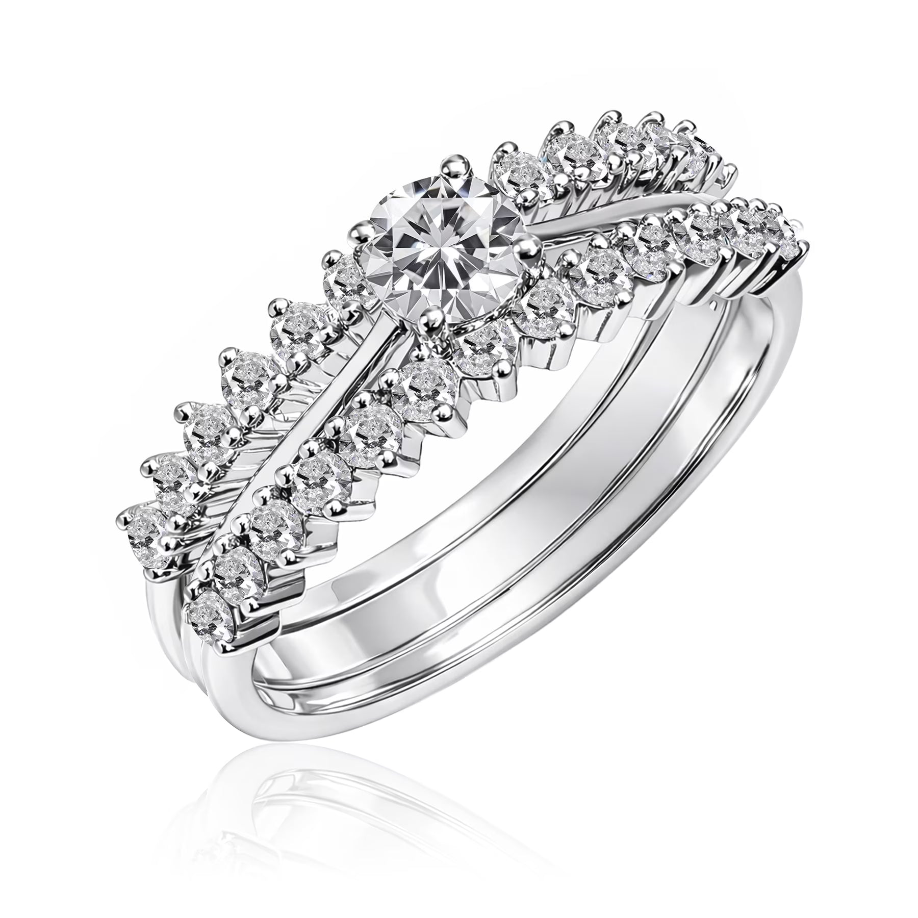 JeenMata 1 Carat Lab Grown Diamond Round Cut Trio Wedding Set - Solitaire Engagement Rings Set with Double Band in 18K White Gold Plating for Women's Ring Jewelry