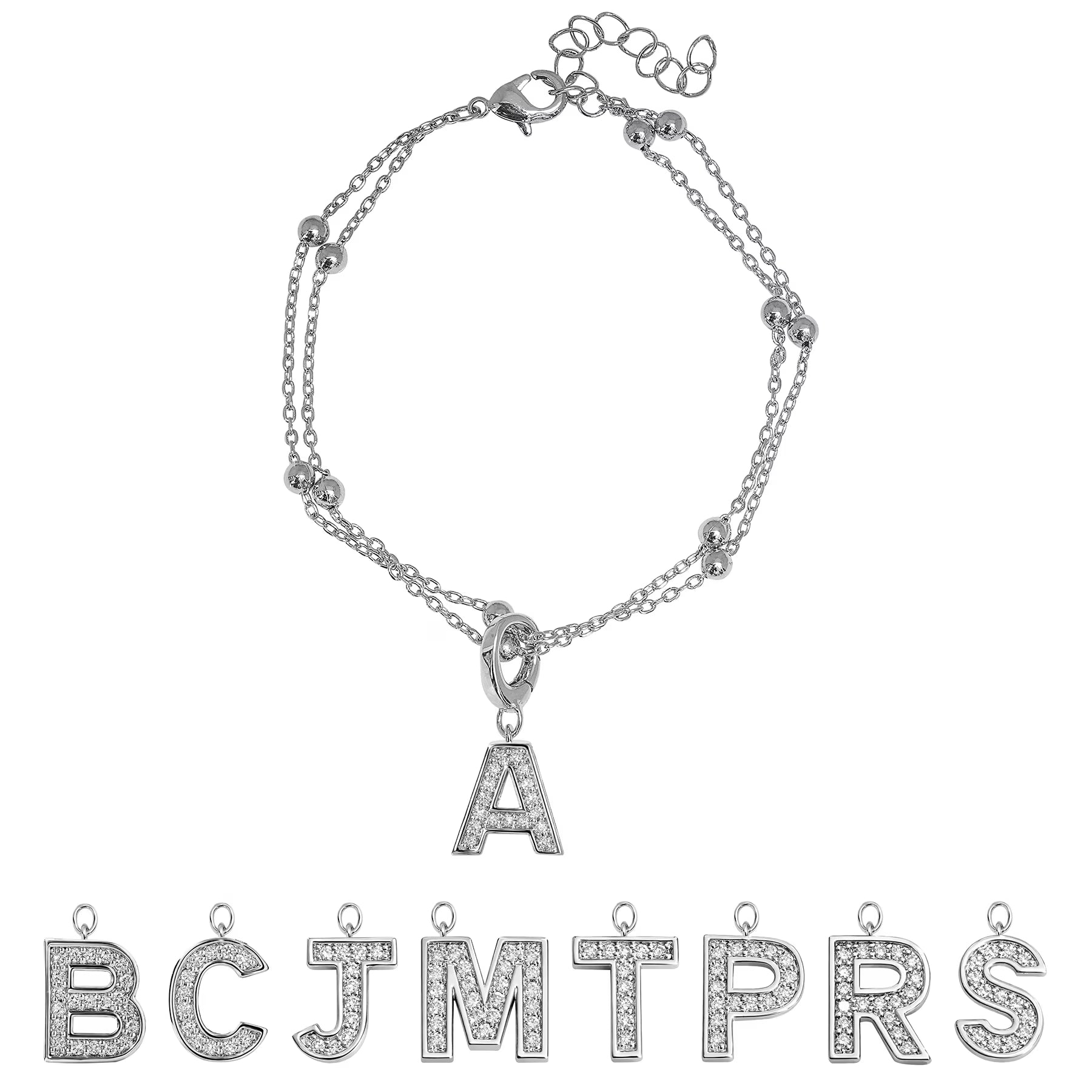 JeenMata Lab Grown Diamond Initial "A" Letter Bracelets - Double Layer Alphabet Jewelry Bracelet - 18K White Gold Plating for Women Jewelry