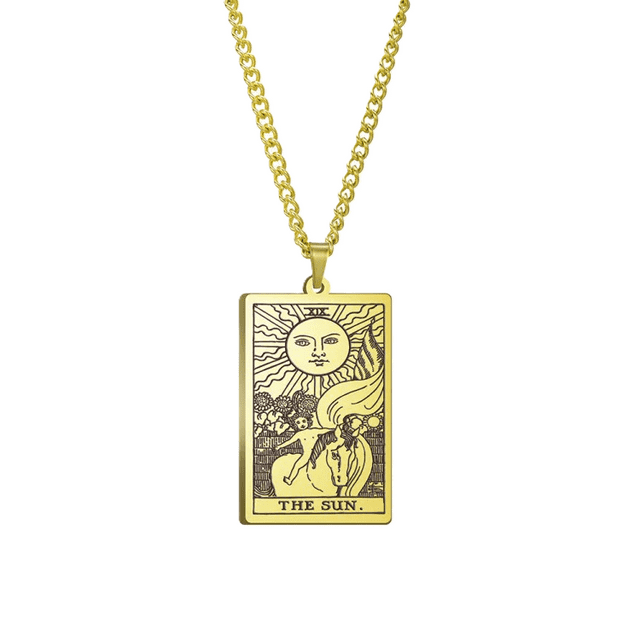 JeenMata Tarot Necklace - The Sun - Customized Tarot Pendant Jewelry for Unisex in Yellow Gold Plated