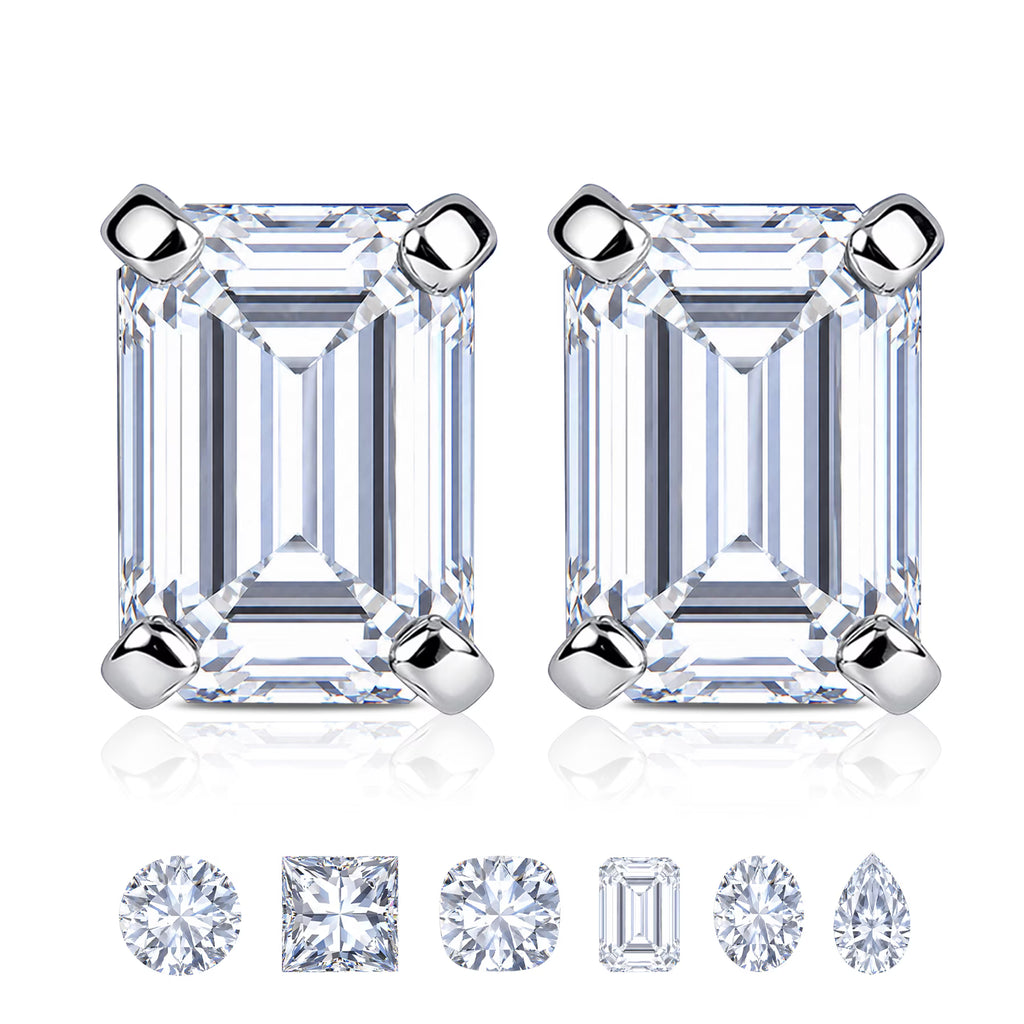 JeenMata Minimalist 0.5 Carat Emerald Cut Moissanite Solitaire Stud Earrings in 18k White Gold Plating for Women