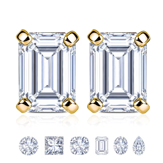 JeenMata Minimalist 0.5 Carat Emerald Cut Moissanite Solitaire Stud Earrings in 18k Yellow Gold Plating for Women