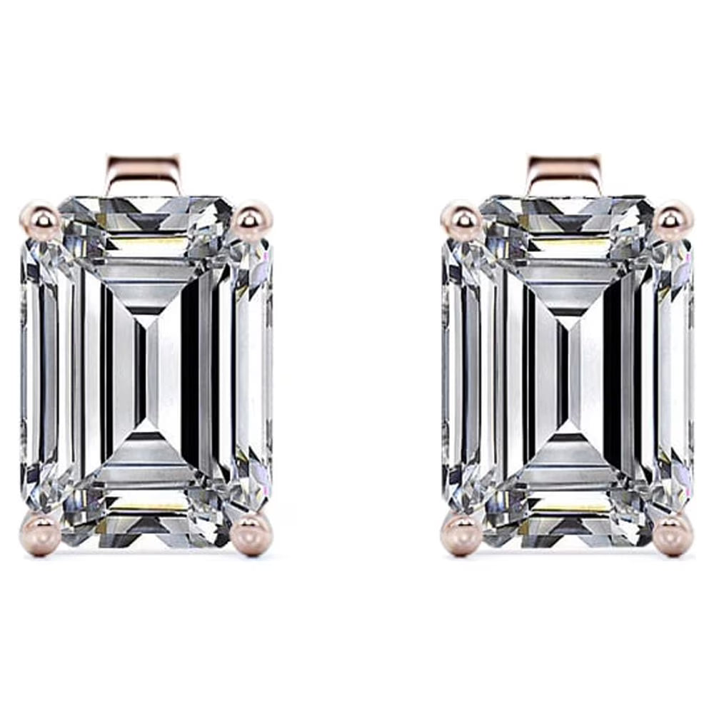 JeenMata Minimalist 1 Carat Emerald Cut Moissanite Solitaire Stud Earrings In 18K Rose Gold Plating Over Silver