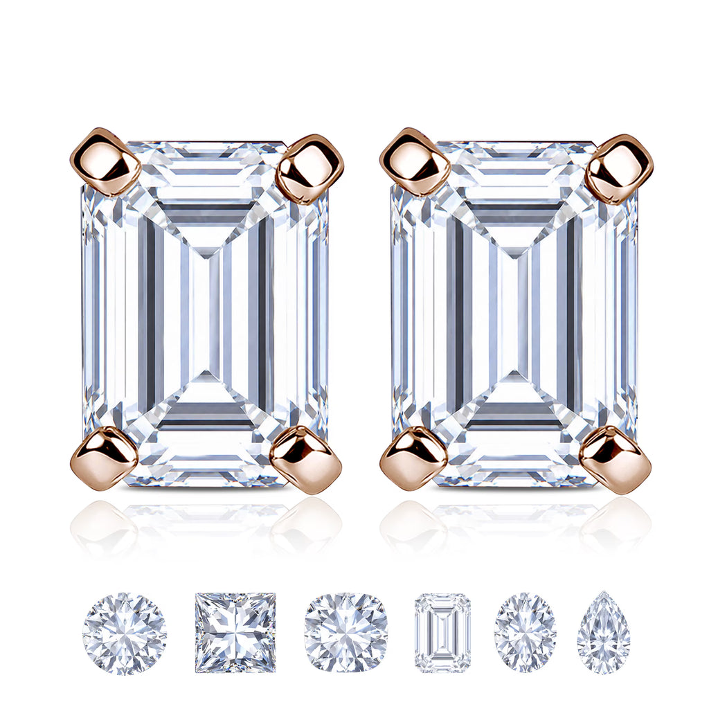 JeenMata Minimalist 2 Carat Emerald Cut Moissanite Solitaire Stud Earrings in 18k Rose Gold Plating for Women