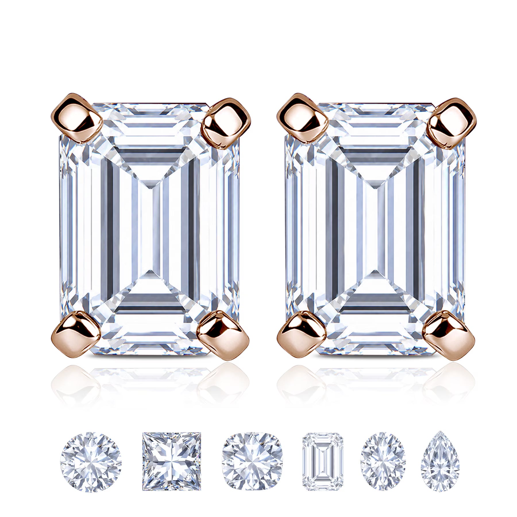 JeenMata Minimalist 2 Carat Emerald Cut Moissanite Solitaire Stud Earrings in 18k Rose Gold Plating for Women