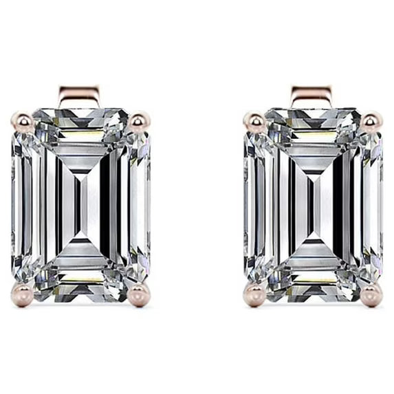 JeenMata Minimalist 1 Carat Emerald Cut Moissanite Solitaire Stud Earrings In 18K Rose Gold Plating Over Silver