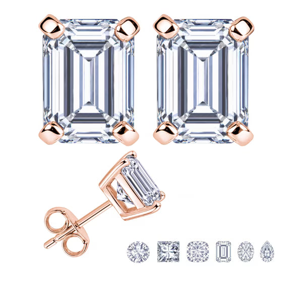 JeenMata 2 Carat Emerald Solitaire Moissanite Stud Earrings for Women, Earrings for Men, 18K Rose Gold Plated, Hypoallergenic Earrings, D VS1, Stud Earring for Woman, Jewelry, Gift, Earrings