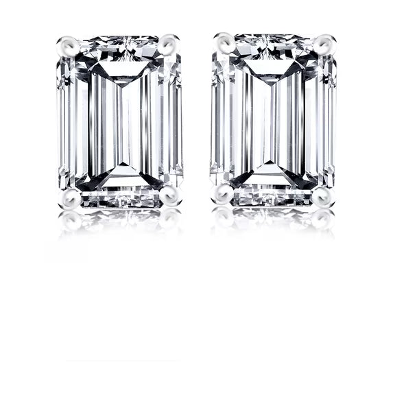 JeenMata Minimalist 2 Carat Emerald Cut Moissanite Solitaire Stud Earrings In 18K White Gold Plating Over Silver