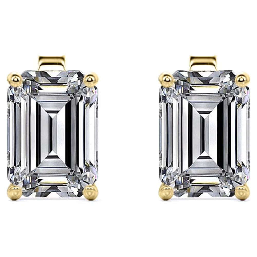 JeenMata Minimalist 2 Carat Emerald Cut Moissanite Solitaire Stud Earrings In 18K Yellow Gold Plating Over Silver