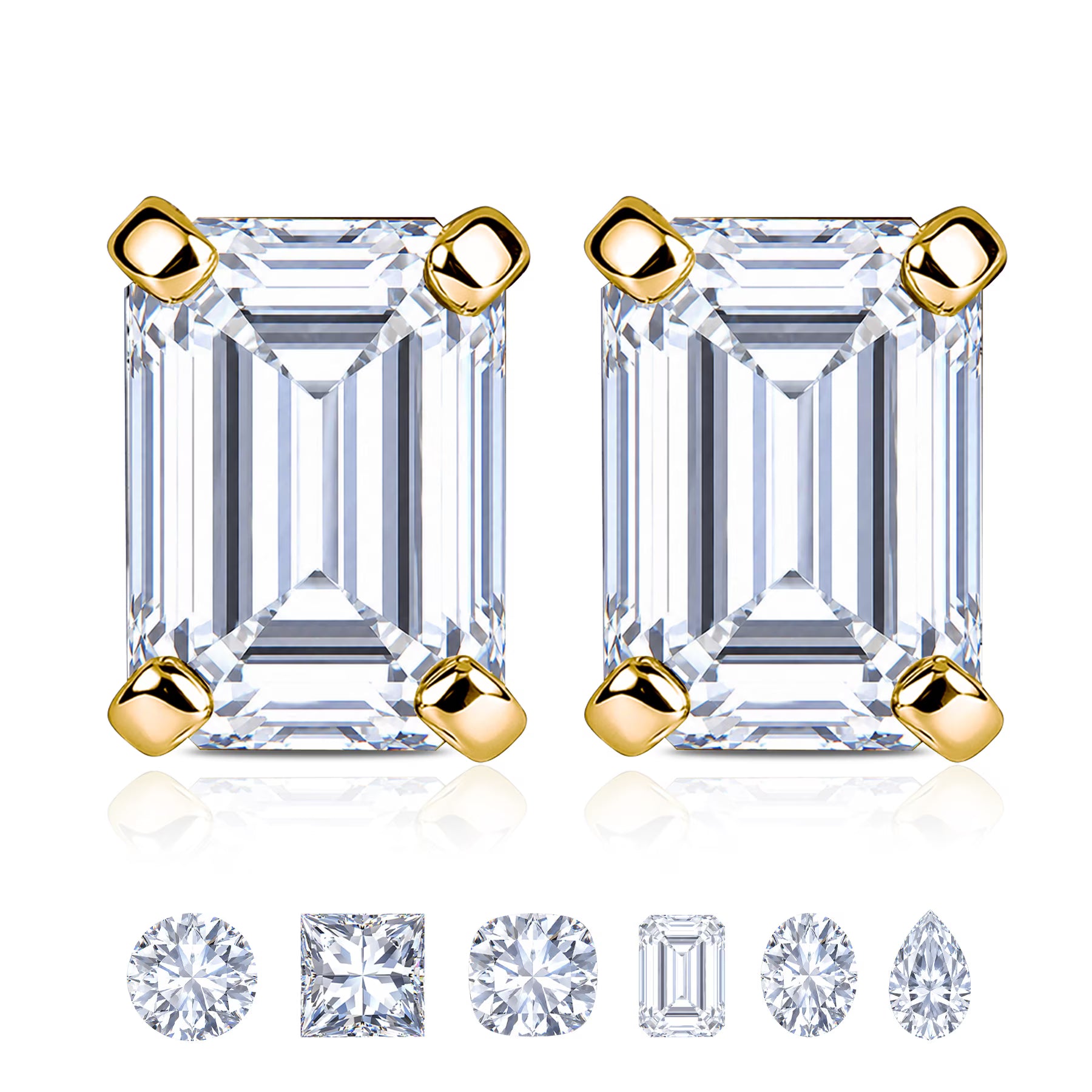 JeenMata Minimalist 2 Carat Emerald Cut Moissanite Solitaire Stud Earrings in 18k Yellow Gold Plating for Women