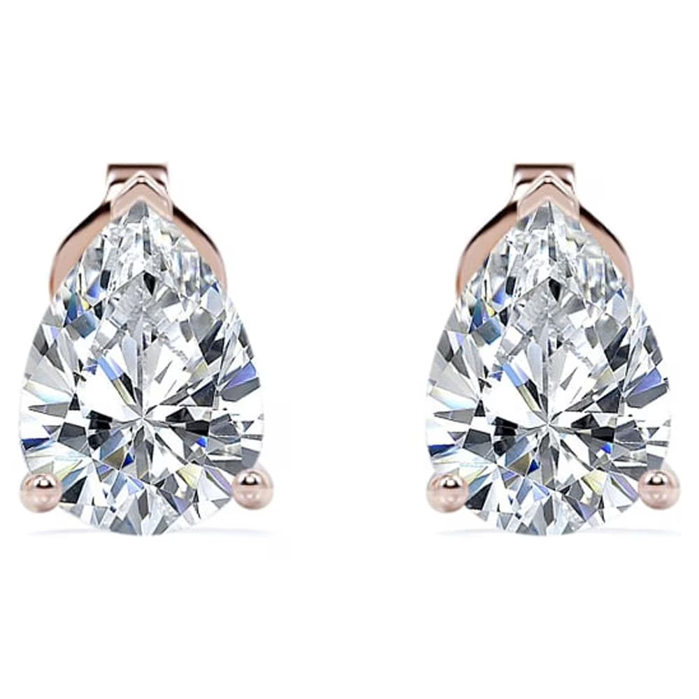 JeenMata Minimalist 2 Carat Pear Cut Moissanite Solitaire Stud Earrings In 18K Rose Gold Plating Over Silver