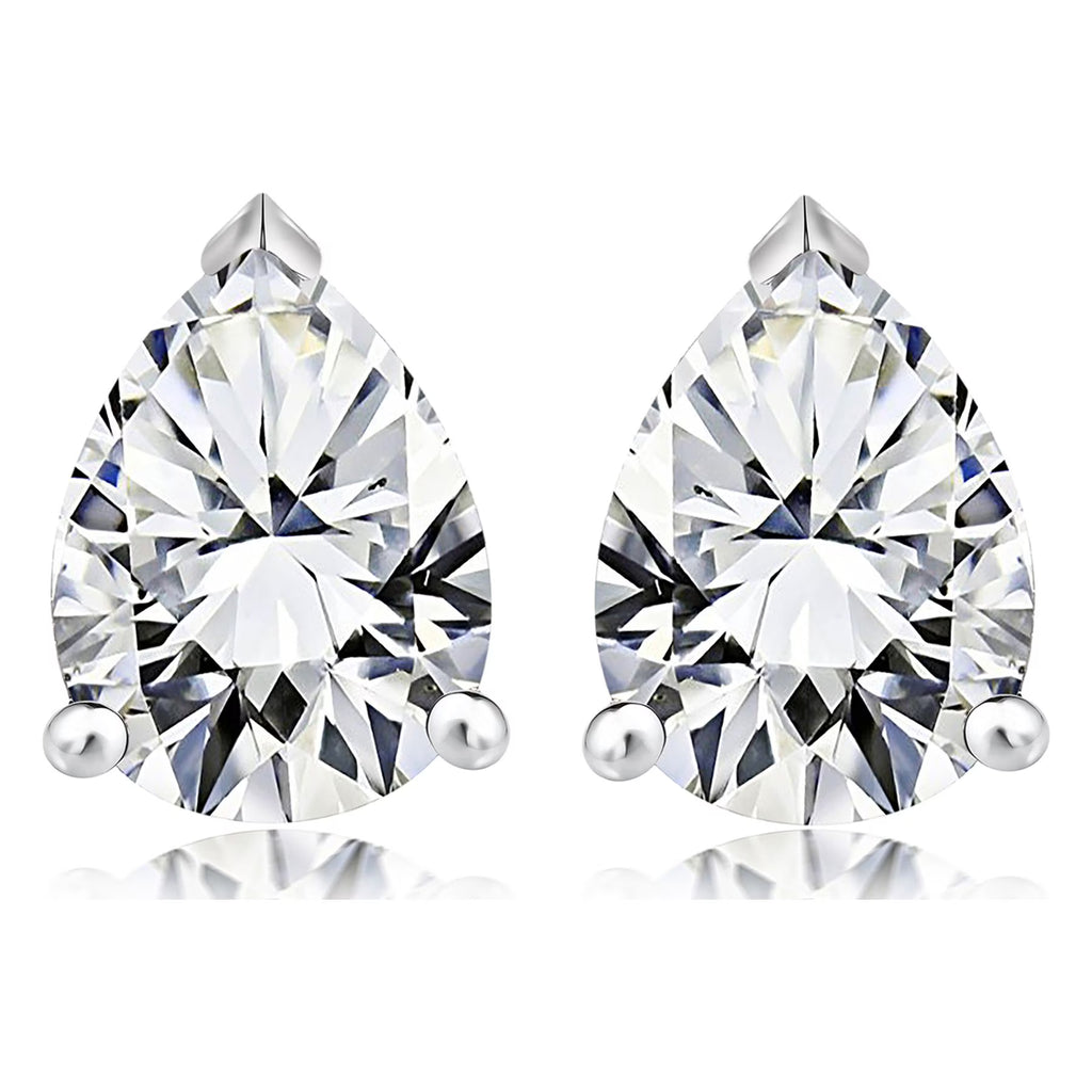 JeenMata Minimalist 2 Carat Pear Cut Moissanite Solitaire Stud Earrings In 18K White Gold Plating Over Silver