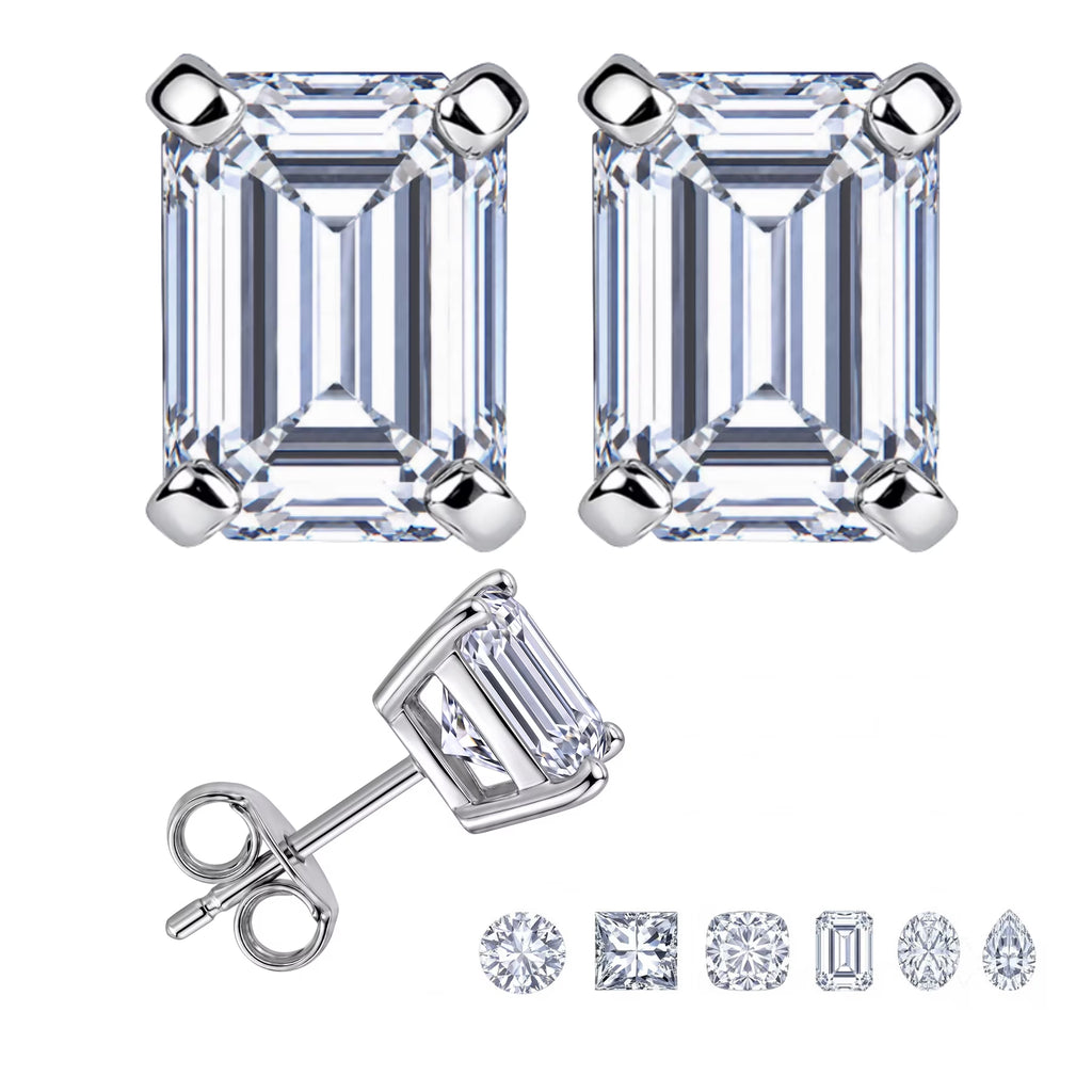 JeenMata 4 Carat Emerald Solitaire Moissanite Stud Earrings for Women, Earrings for Men, 18K White Gold Plated, Hypoallergenic Earrings, D VS1, Stud Earring for Woman, Jewelry, Gift, Earrings