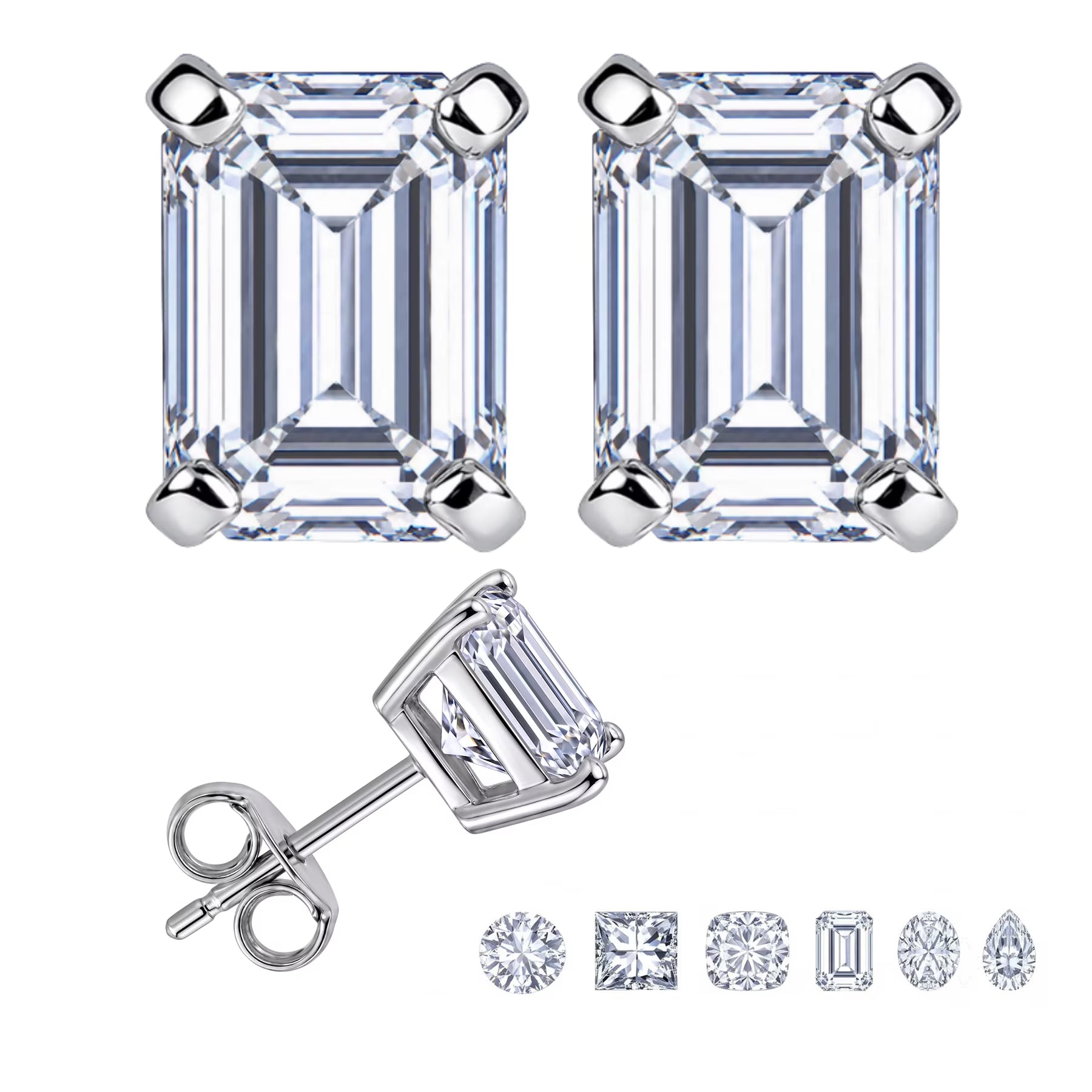 JeenMata 4 Carat Emerald Solitaire Moissanite Stud Earrings for Women, Earrings for Men, 18K White Gold Plated, Hypoallergenic Earrings, D VS1, Stud Earring for Woman, Jewelry, Gift, Earrings