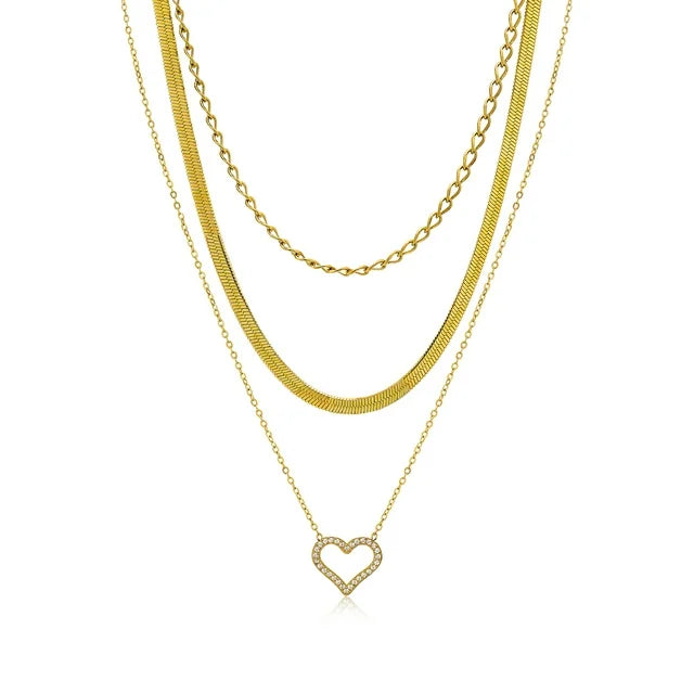 JEENMATA Multipack 3 pc Women Layered Necklace Pendant, Yellow Gold Plating, Gold Chain, Choker Necklace, Herringbone Layered Necklace Jewelry Gift