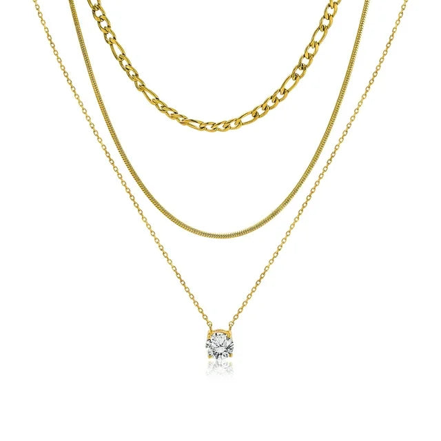 JEENMATA Multipack 3 pc Women Layered Pendant Necklace, Yellow Gold Plating, Gold Chain, Choker Necklace, Herringbone Layered Necklace Jewelry Gift