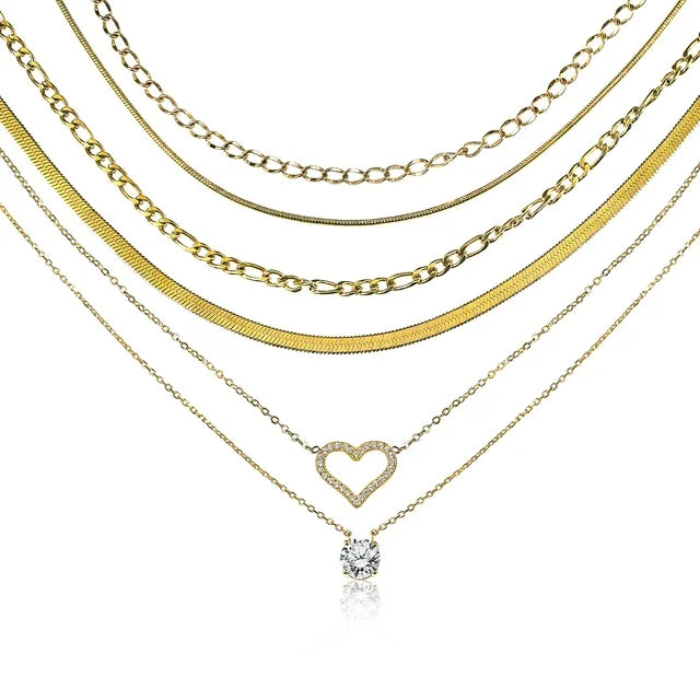JEENMATA Multipack 6 pc Women Layered Necklace Pendant, Yellow Gold Plating, Gold Chain, Choker Necklace, Herringbone Layered Necklace Jewelry Gift