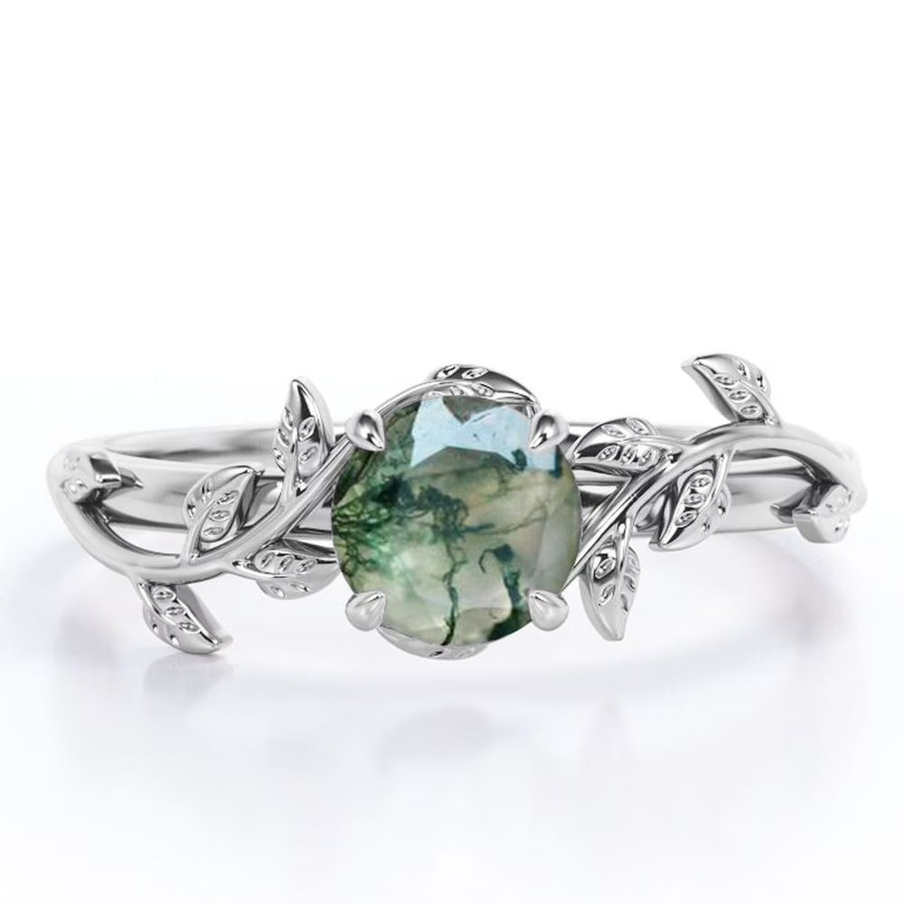 JeenMata Nature Inspired 0.50 Carat Natural Green Moss Agate Solitaire Engagement Ring - Forest Ring - 18K White Gold Plating for Women